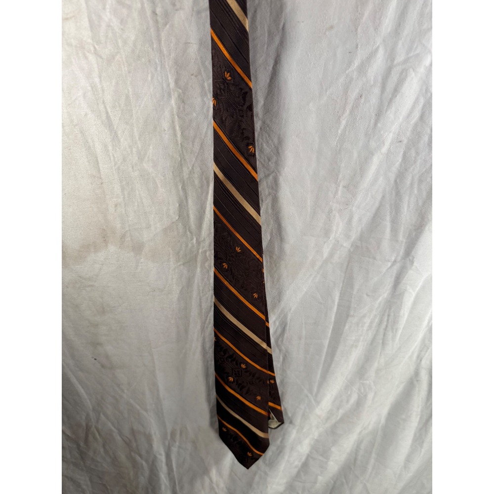 Vintage May Co Mens Necktie Brown Orange Tan Striped Floral Jacquard Silk Tie